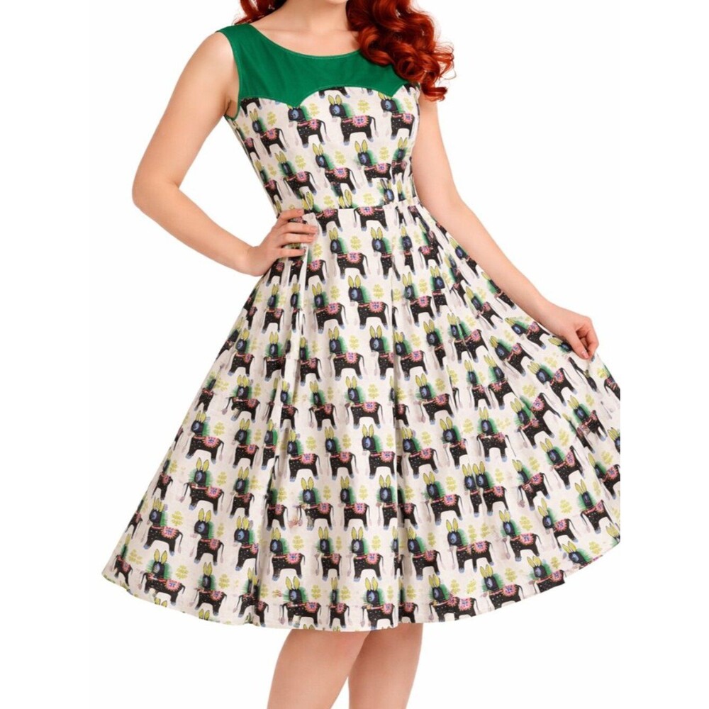 Pinup Rockabilly Donkey Print Fit Flare Dress Retro Size 14 16 Cute Fun